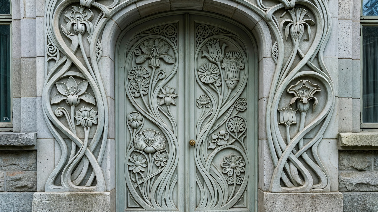 Close architectural detail around an Art Nouveau doorway in Ålesund