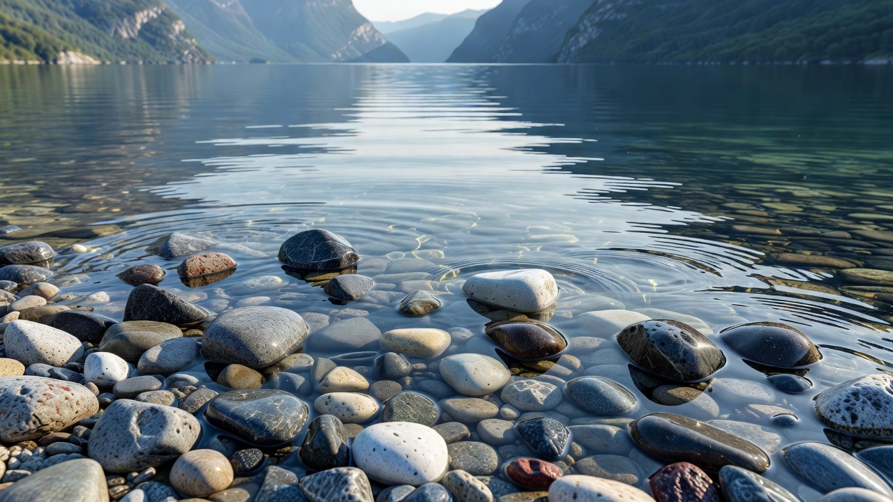 Smooth shoreline stones beneath a shallow edge of water at Aurlandsfjord
