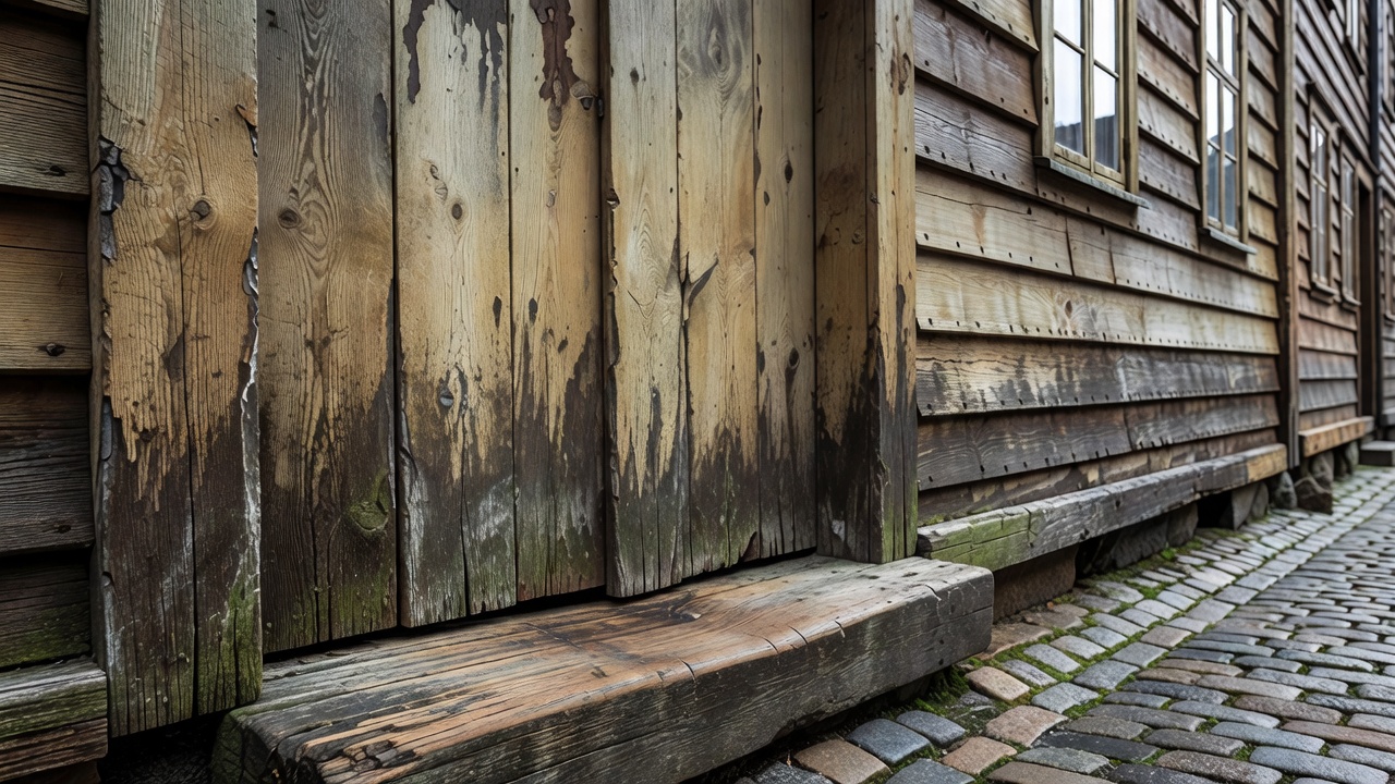 Weathered timber doorway and worn threshold in Bergen's Bryggen district