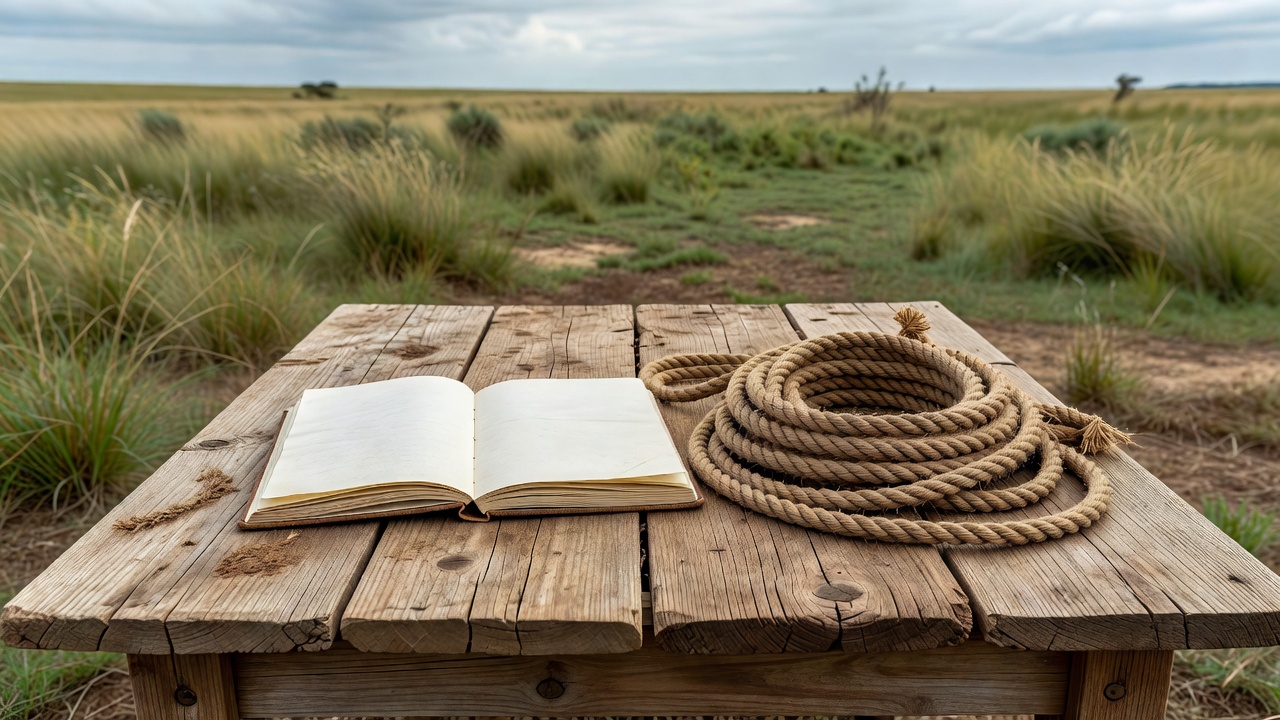 Open field notebook beside a coil of rope on a weathered wooden table