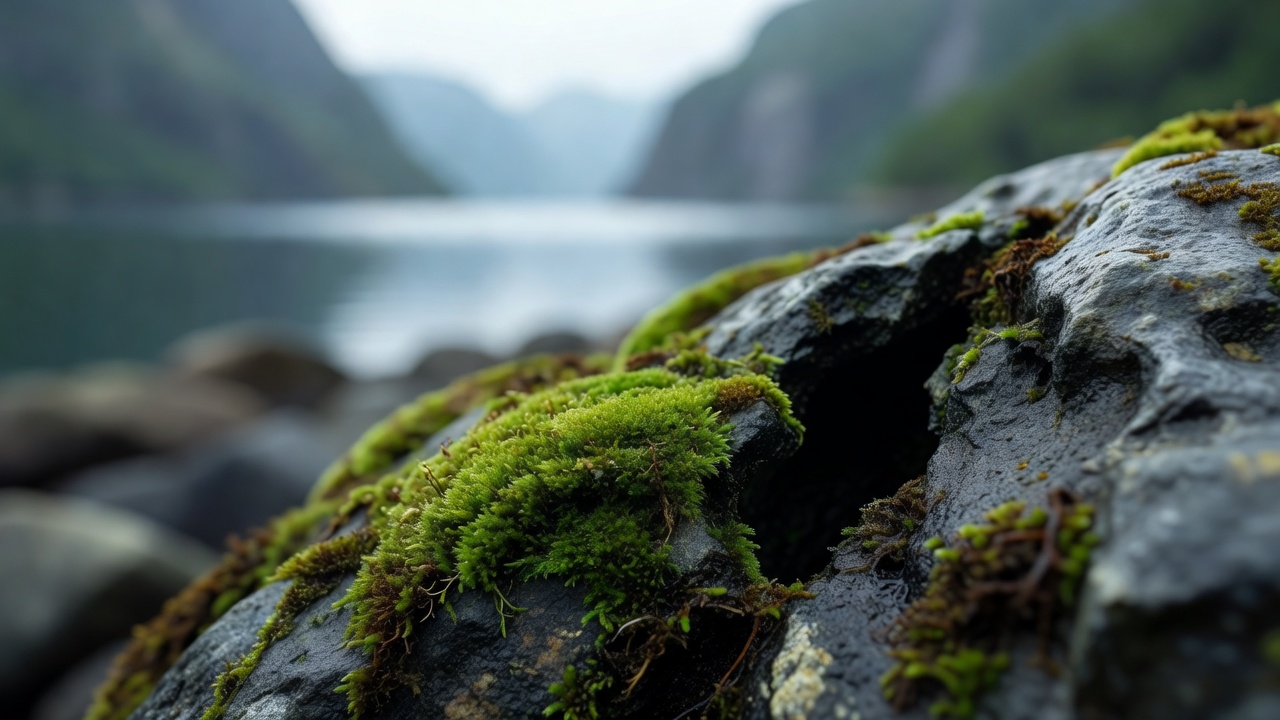 Shallow-focus detail of moss and a dark crevice in shoreline rock